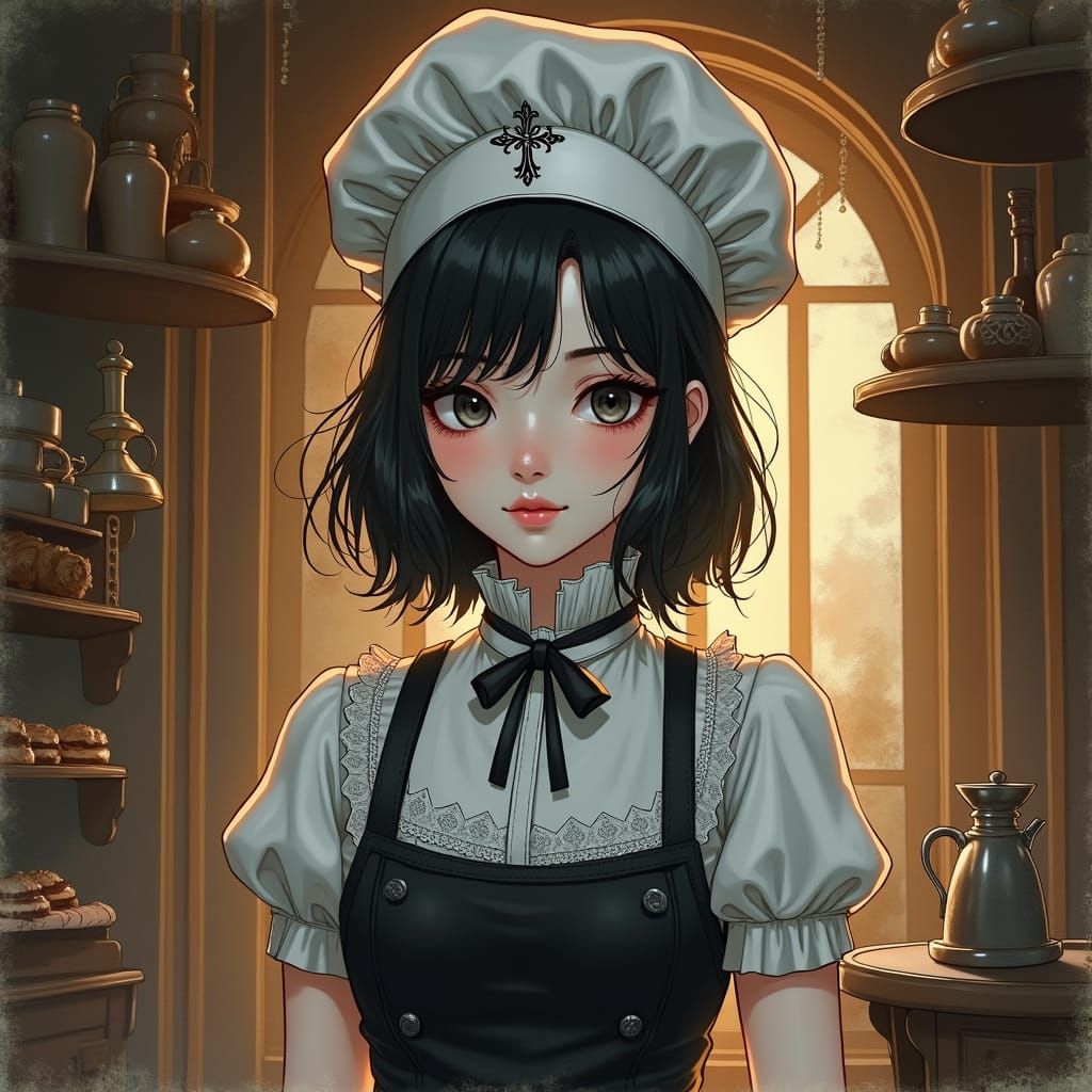 Gothic Bakery Interior with Goth Woman, Anime Key Visual