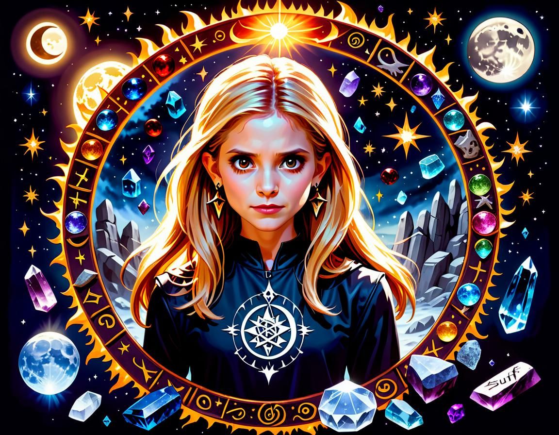 Buffy Surrounded by Celestial Runes and Crystals