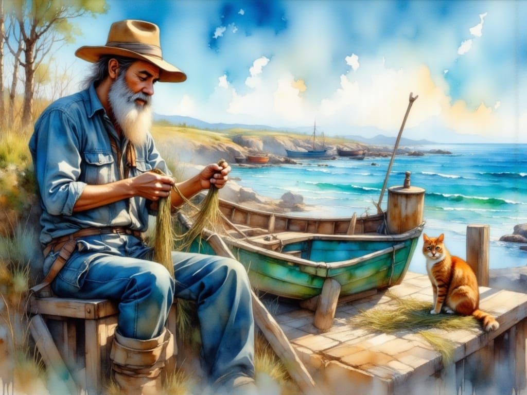 Old Fisherman Cleaning Nets on Dock with Cat, Painterly Styl...