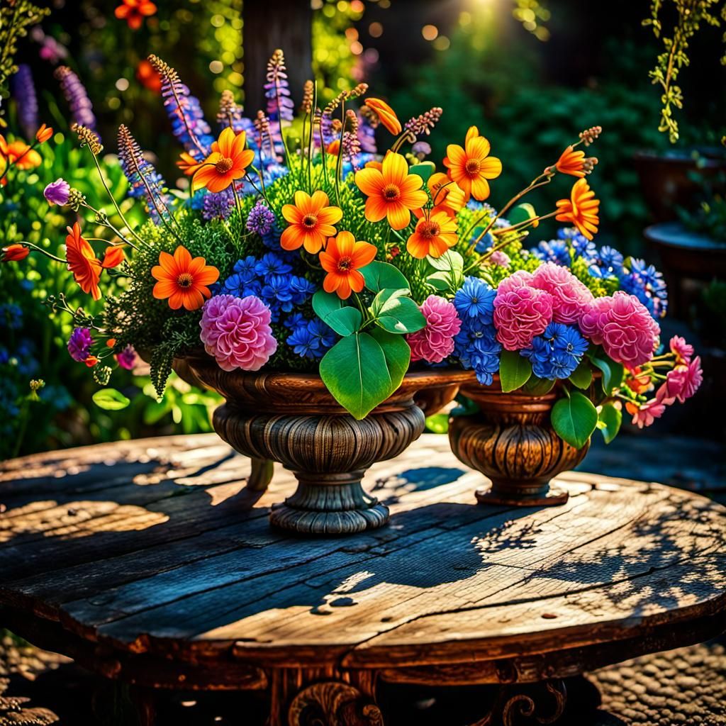 Rustic Garden Table with Spring Flowers, Hyperrealistic Phot...