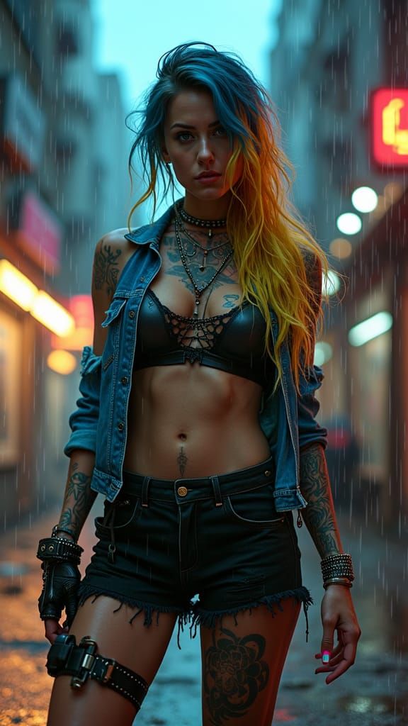 Punk Cyborg in Rainy Cyberpunk Alleyway