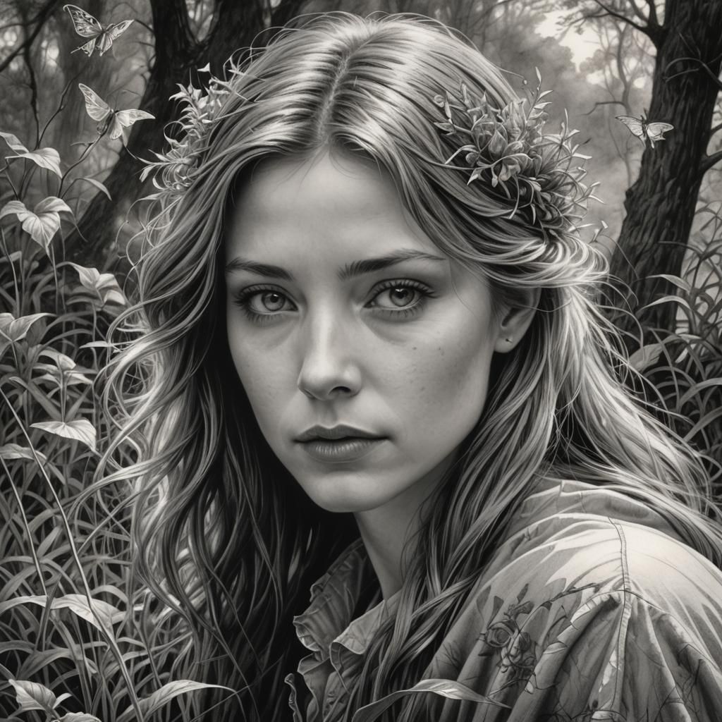 Woman Drawing in Meadow: Magic Realism Vector Art