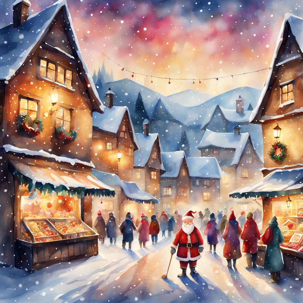 Surreal Watercolor Santa Claus in Vibrant Snowy Village Squa...