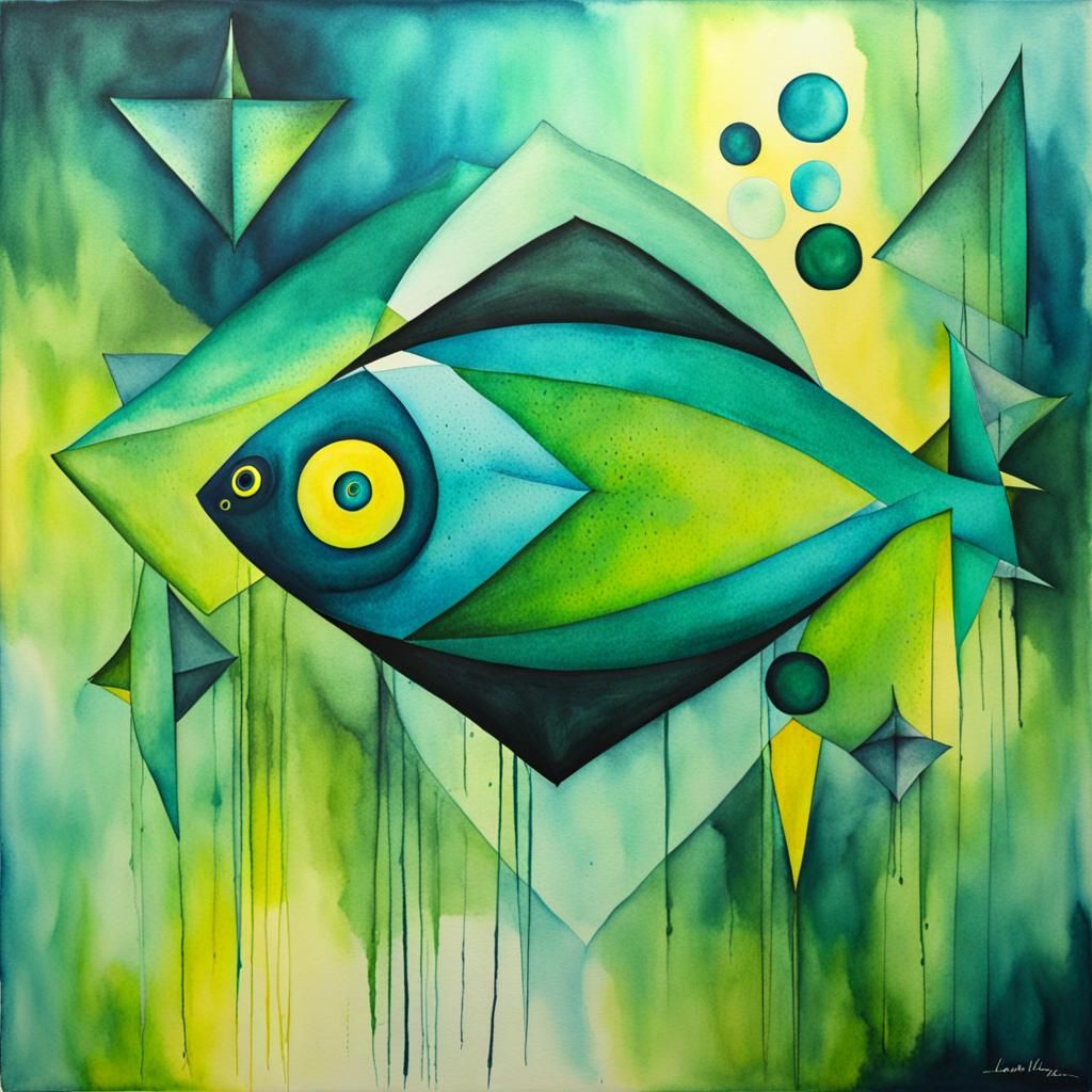 Abstract Teal Fish in Surreal Watercolour