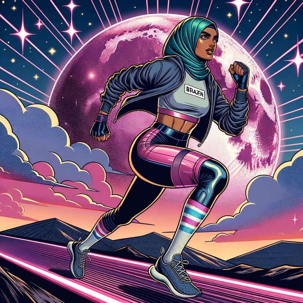 Confident Middle Eastern Female Athlete Runs Under a Glowing...