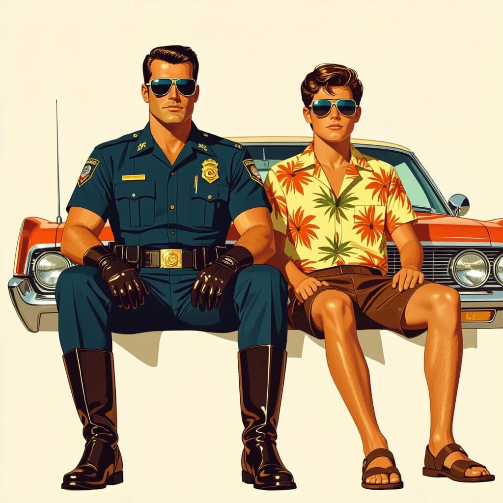 Retro-Futuristic 1960s Cop Next to Teenager, Syd Mead Style