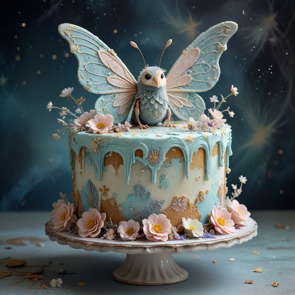 Whimsical Creature with Gossamer Wings on Crumbling Cake