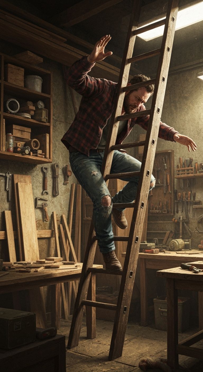 Man Falls Down Ladder in Cluttered Workshop