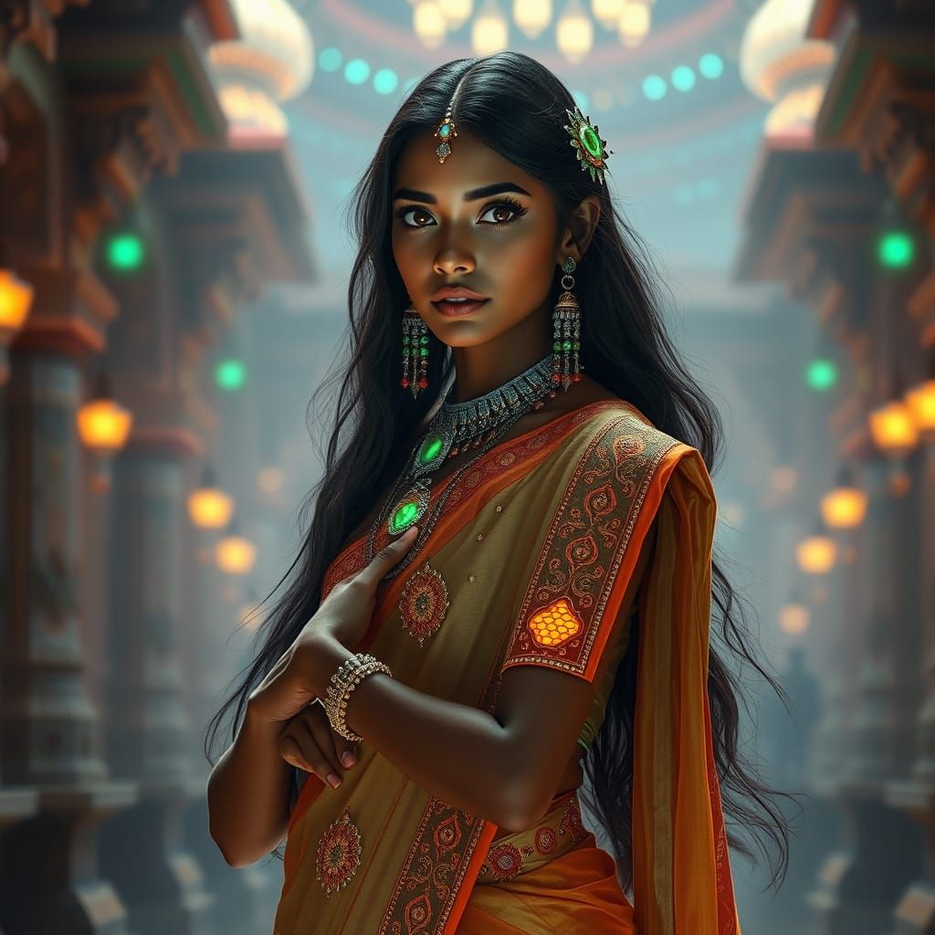 Futuristic Indian Girl in Sci-Fi Saree, Cinematic Scene