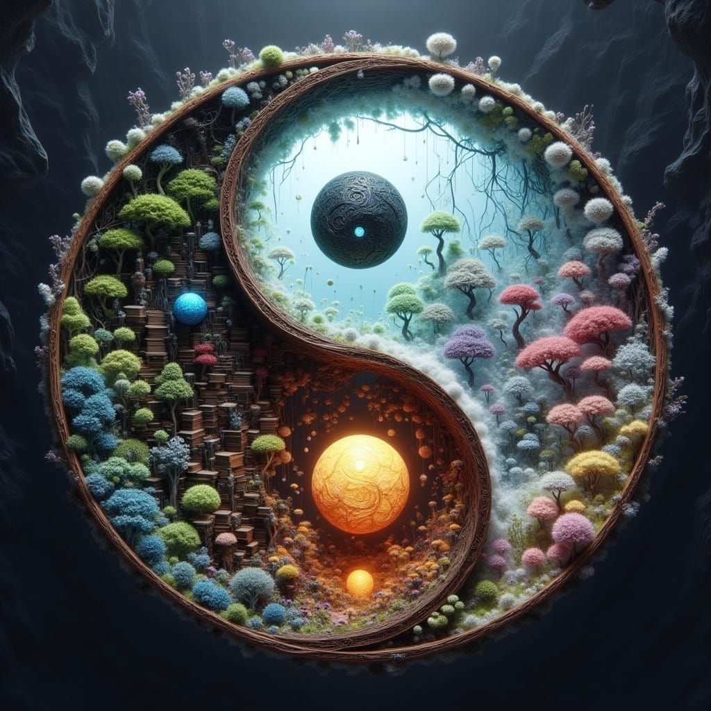 Yin-Yang Cosmic Harmony in Vibrant Holographic Style