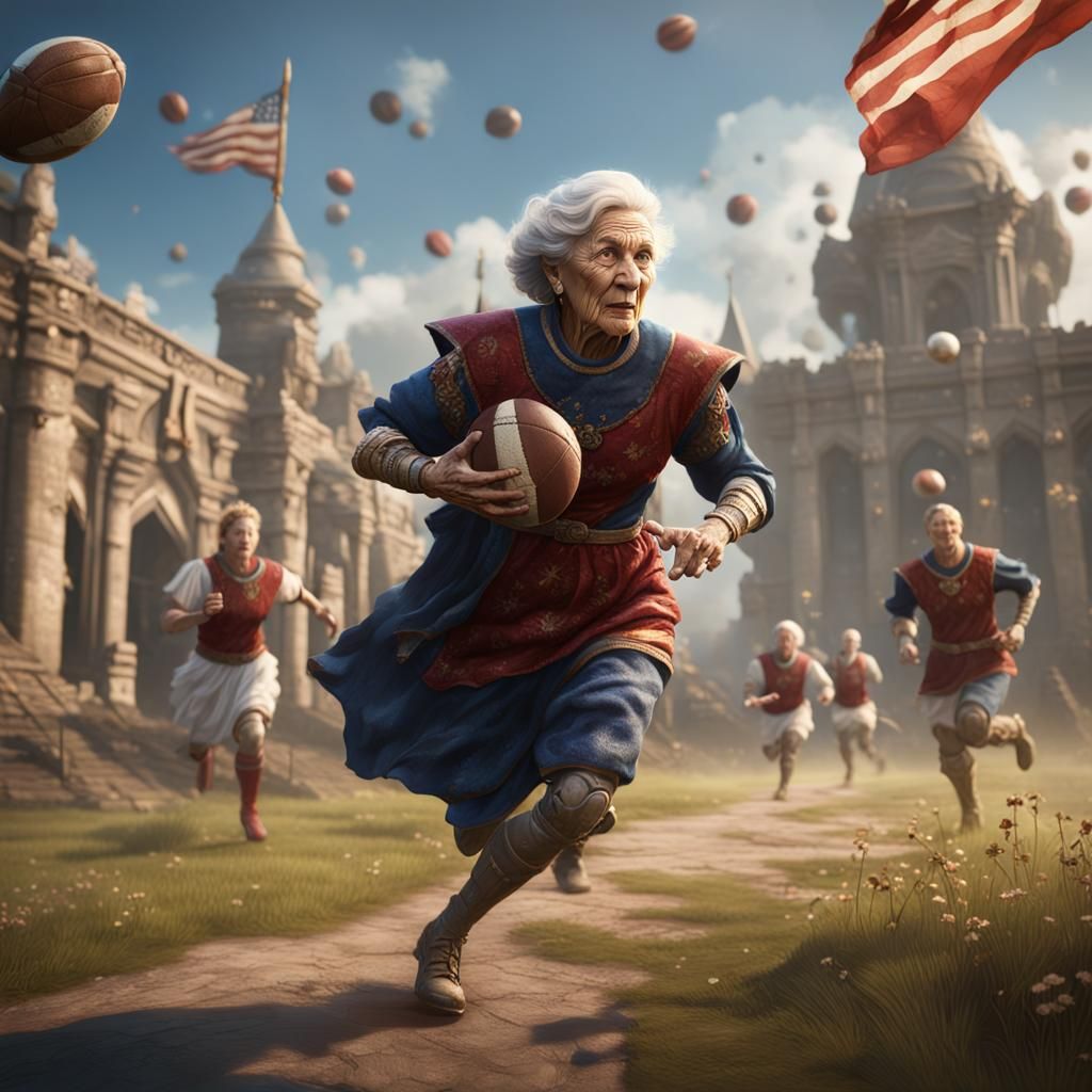 Grandmother's Football Escape: Detailed Matte Painting