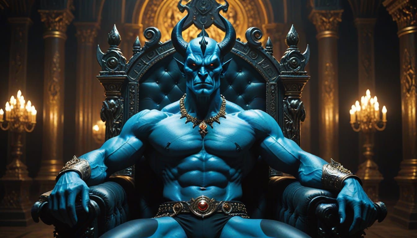 Blue Demon on Gothic Throne in Oil Painting