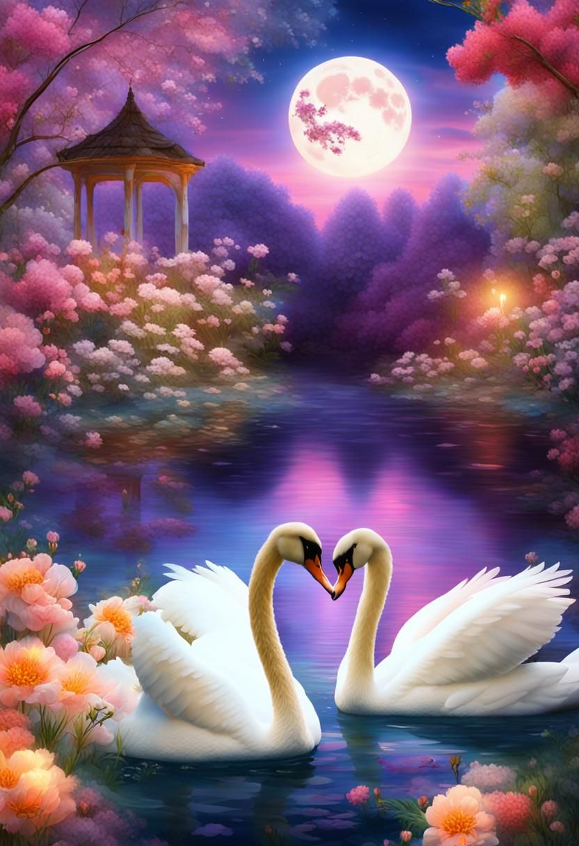 Swans Meet Under Moonlight as 3D Digital Art