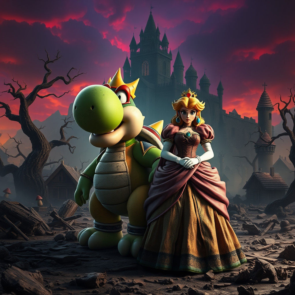 Princess Peach and Yoshi in Dark Fantasy Kingdom