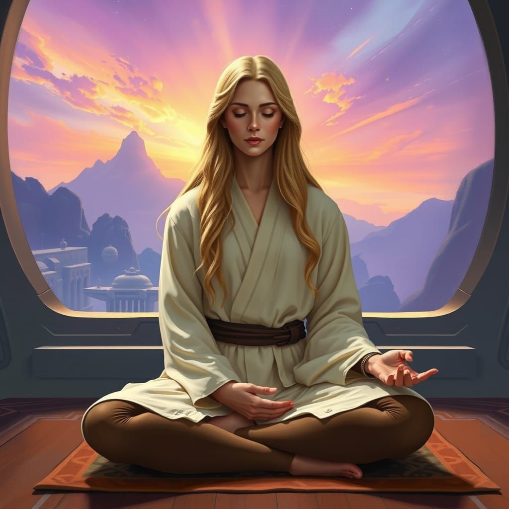 Jedi Meditating in Training Room as Digital Art