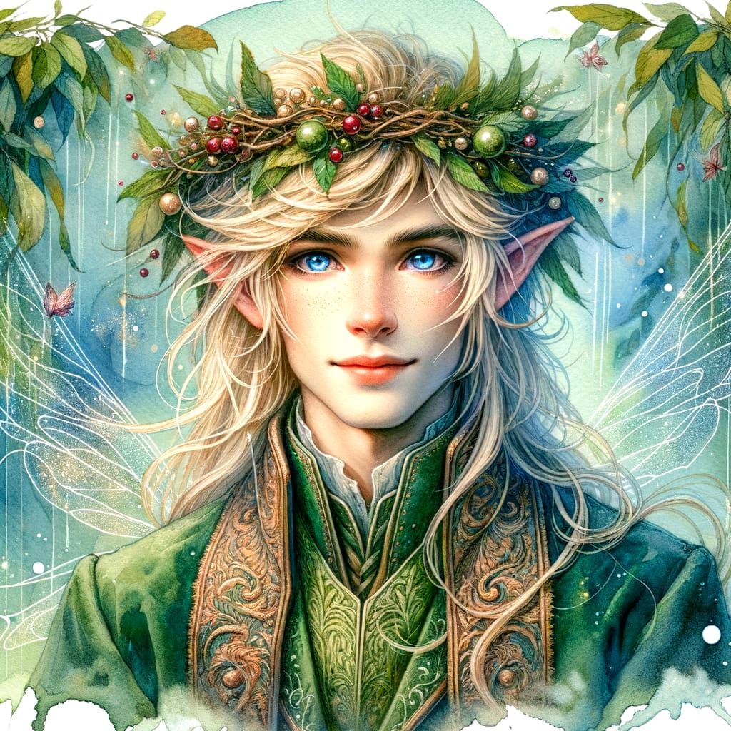 Regal Wood Elf Portrait in Whimsical Watercolour Style