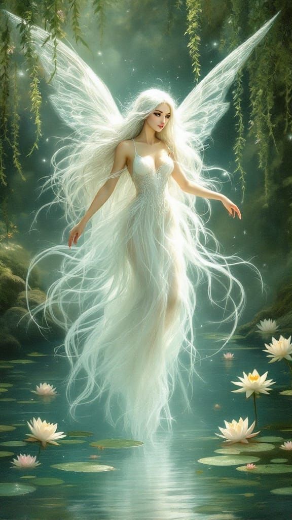 Ethereal Fairy in Moonlit Flight above Serene Pond