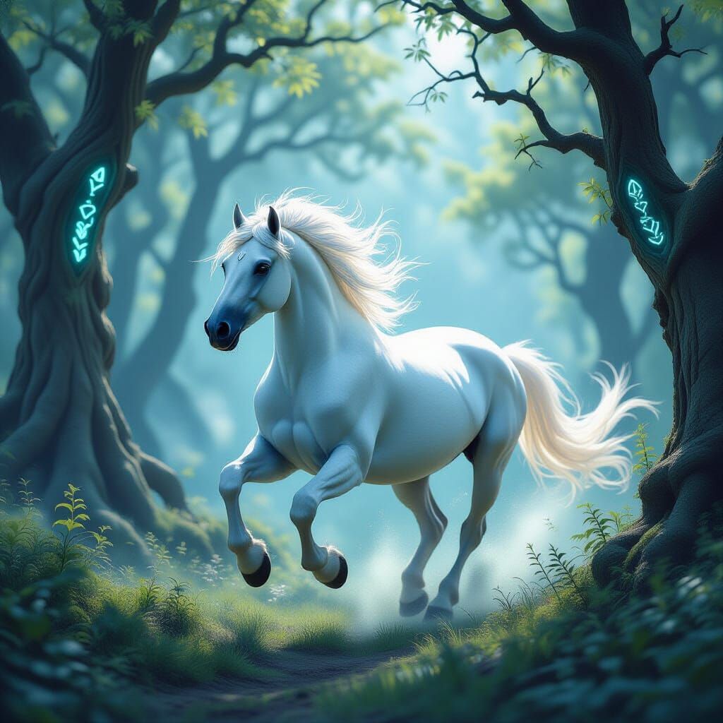 Majestic White Horse in Enchanted Forest