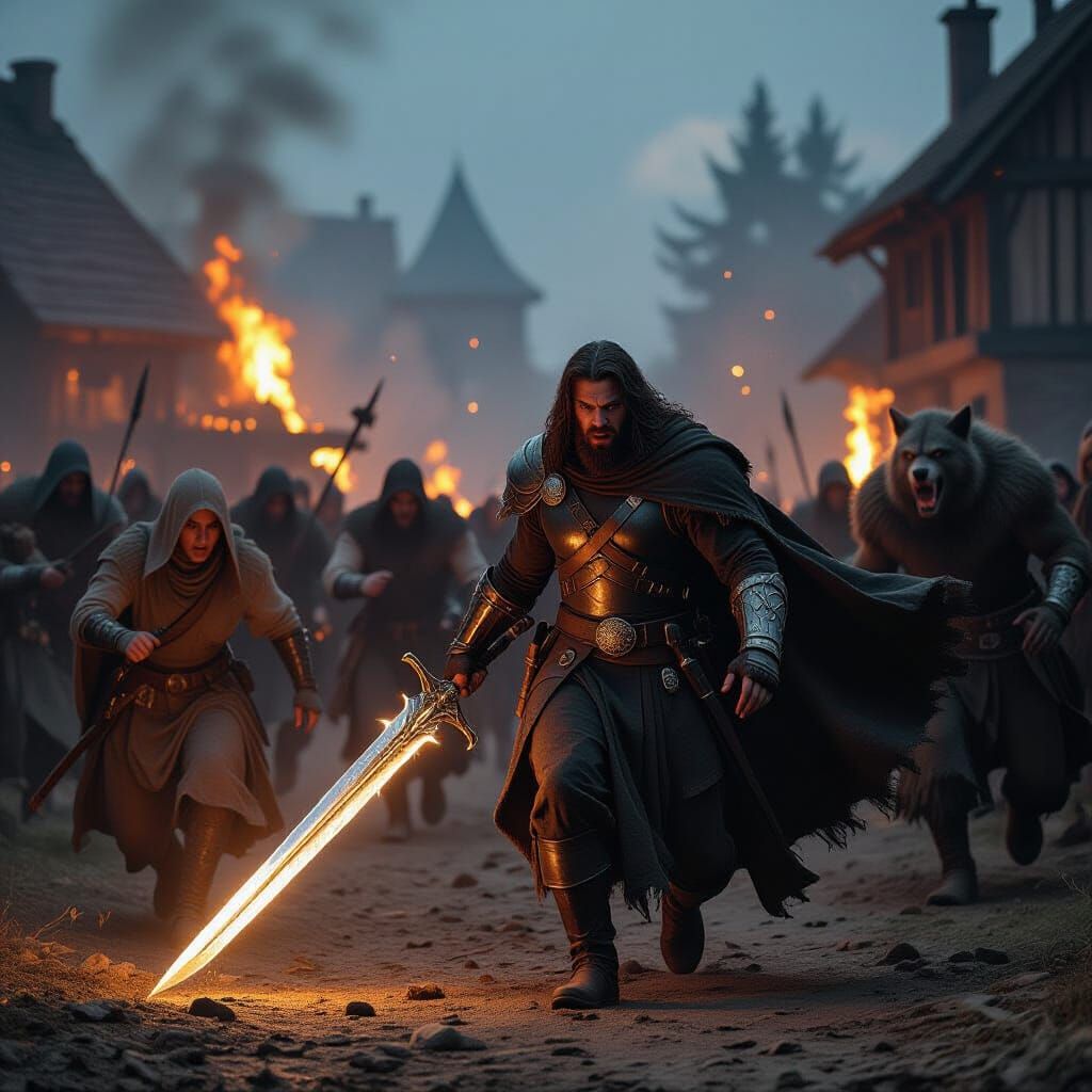 Heroic Warrior Battles Werewolves in Burning Village