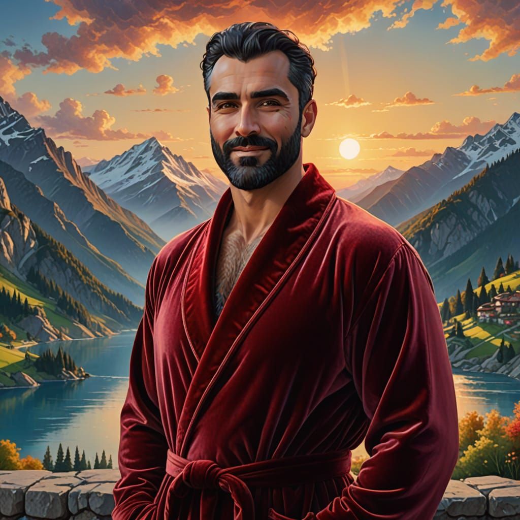 Elegant Iranian Male in Velvet Robe at Sunset