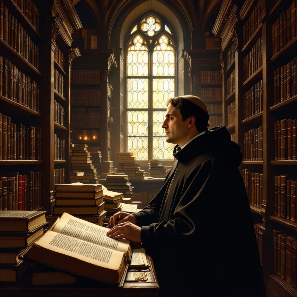 Saint Thomas Aquinas Contemplation in Library, Vermeer Style