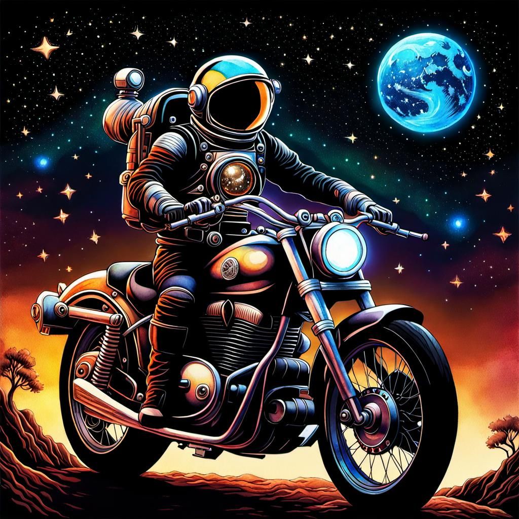 Astronaut on Steampunk SpaceCycle in Watercolor Style