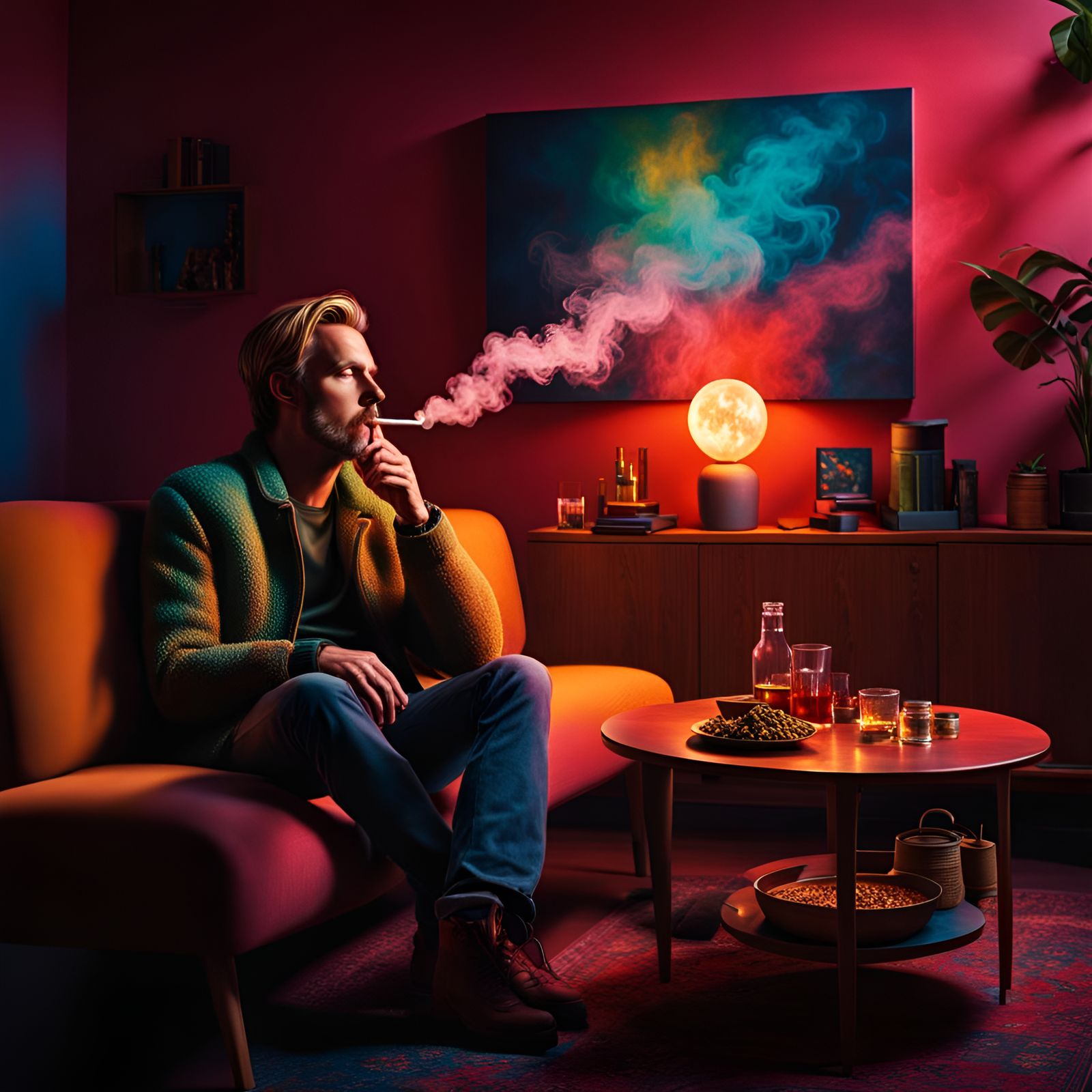 Scandinavian Man Smoking in Warm Lit Room