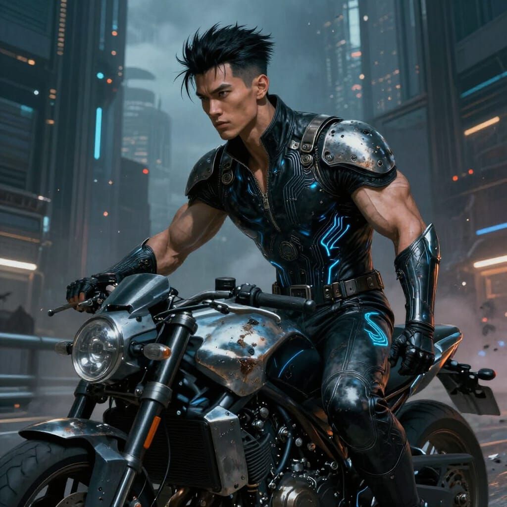 Cyberpunk Rider in Dystopian Cityscape