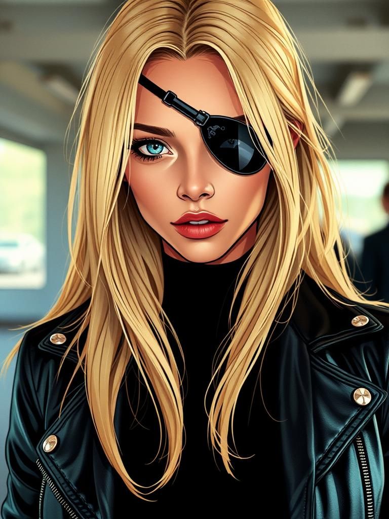 Striking Woman with Eye Patch in Comic Art Style