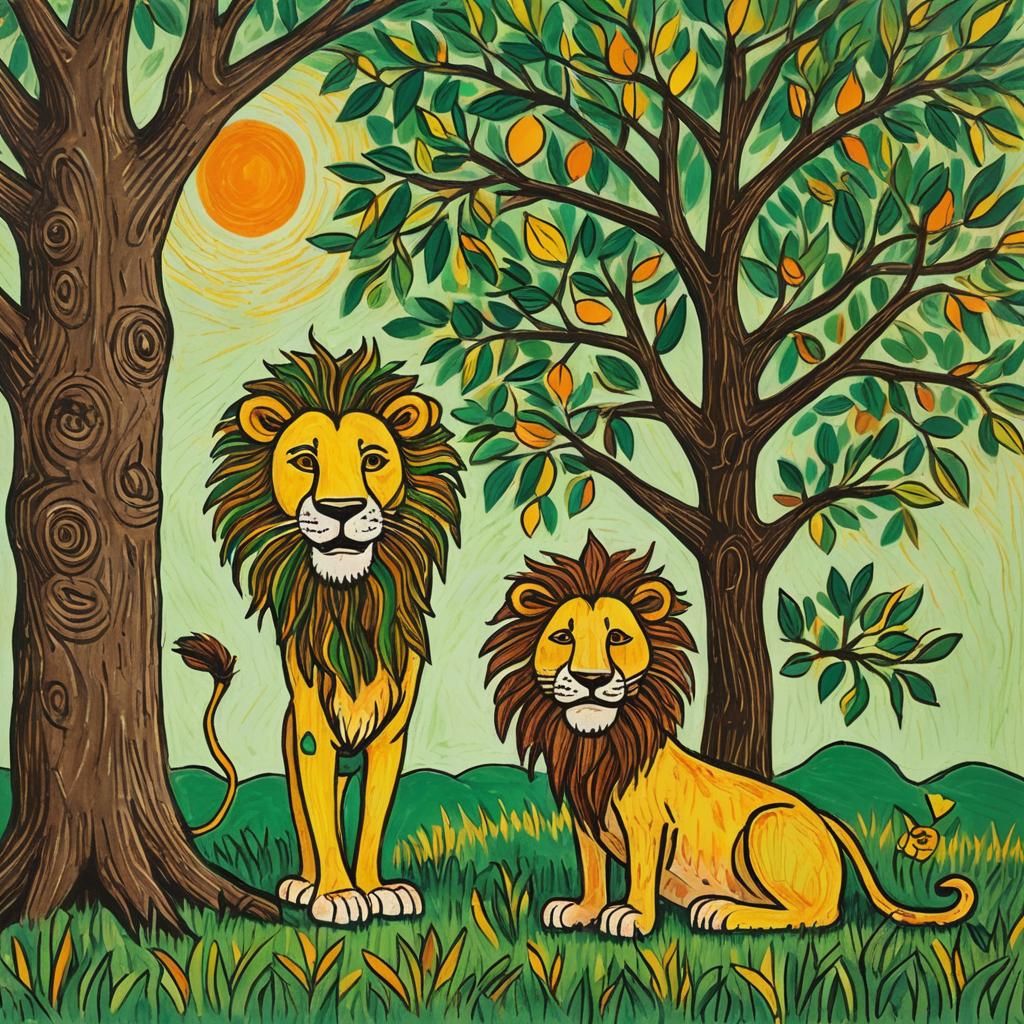 Childlike Lion Drawing with Smiling Sun in Naive Art