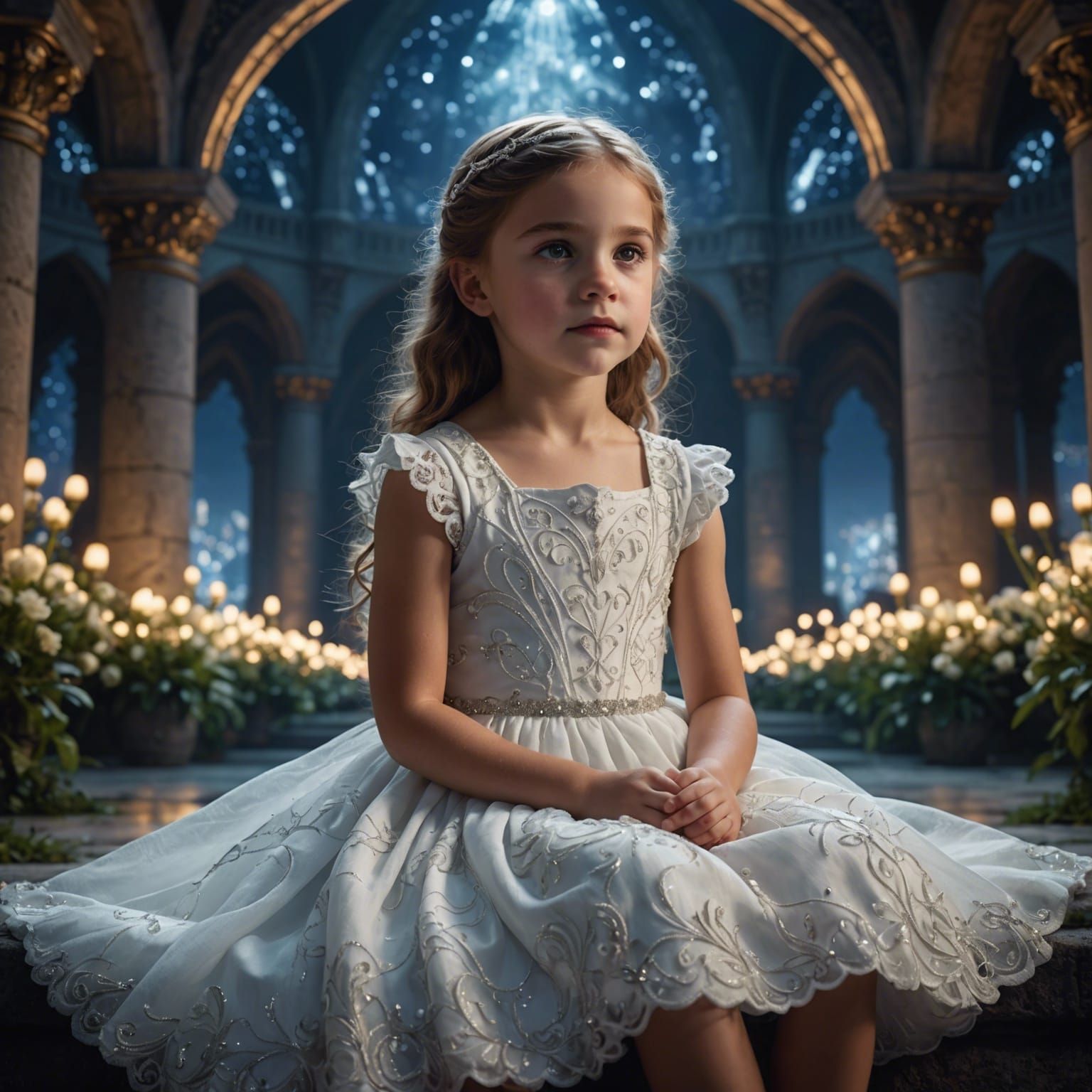 Little Girl in White Dress in Fantasy Nightscape