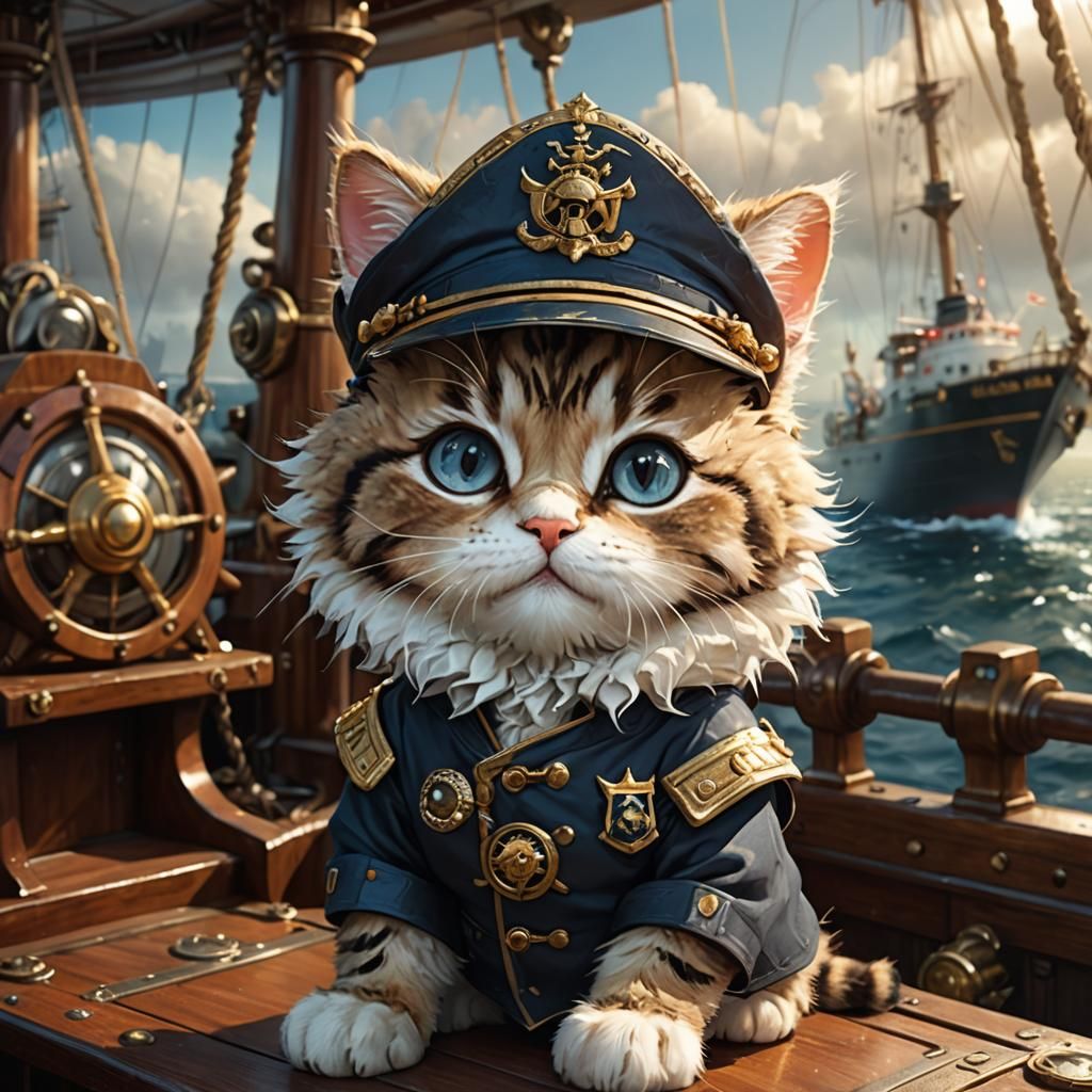 Anthropomorphic Chibi Cat Captain on a Ship