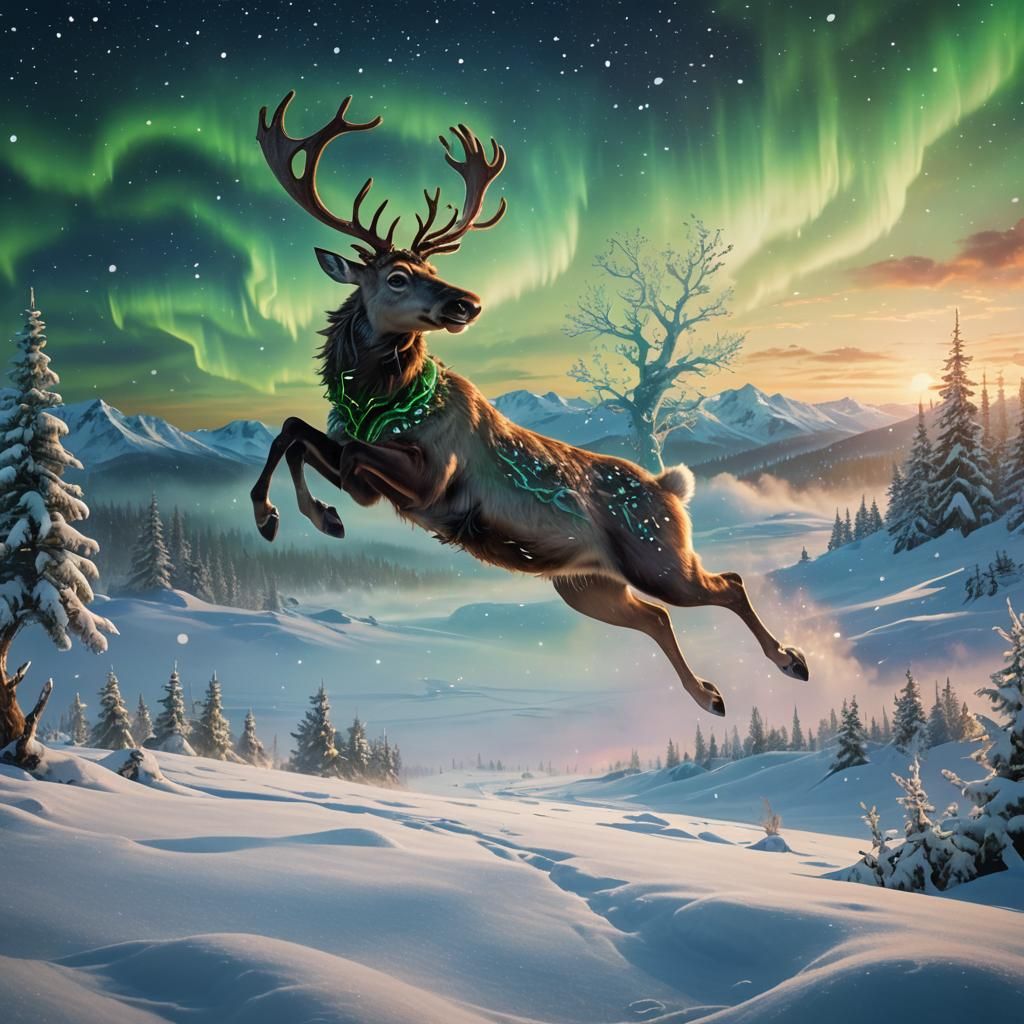 Smiling Reindeer Jumps in Aurora Borealis Landscape