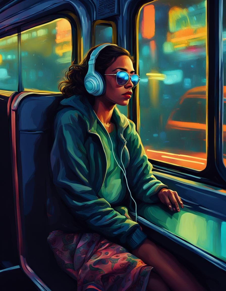 Woman on City Bus at Night in Cyberpunk Style