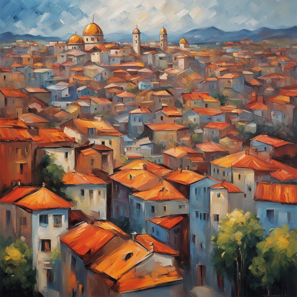 Vibrant Neo-Expressionist Cityscape in Warm Golden Light