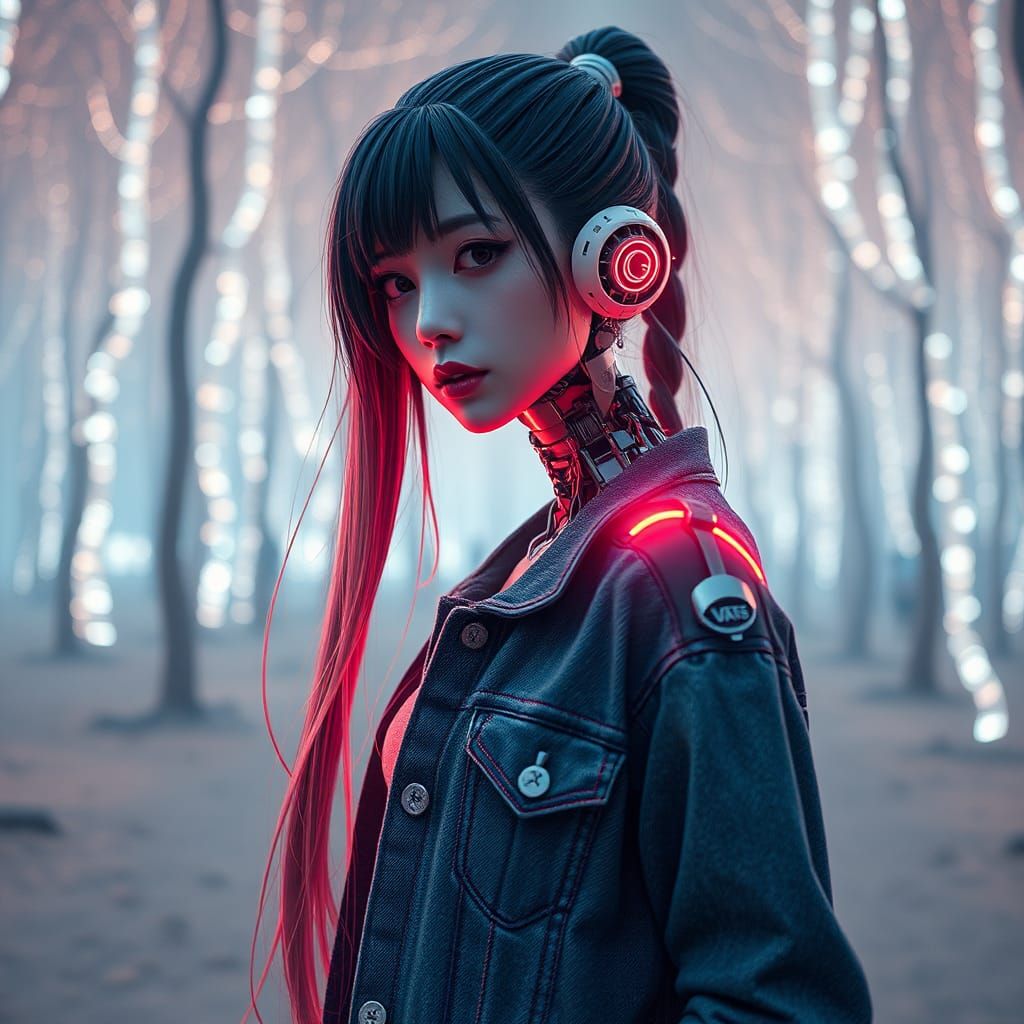 Cyberpunk Robotic Woman with Long Ponytail