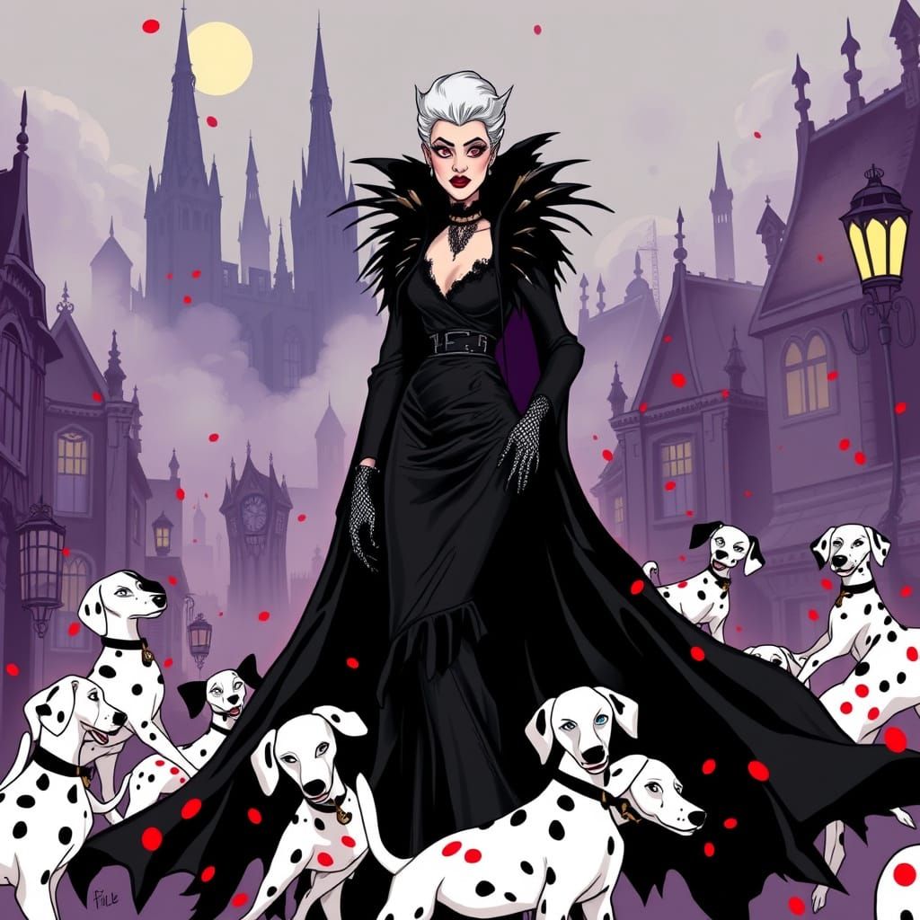 Gothic Cruella DeVille Amidst 101 Dalmatian Whimsy