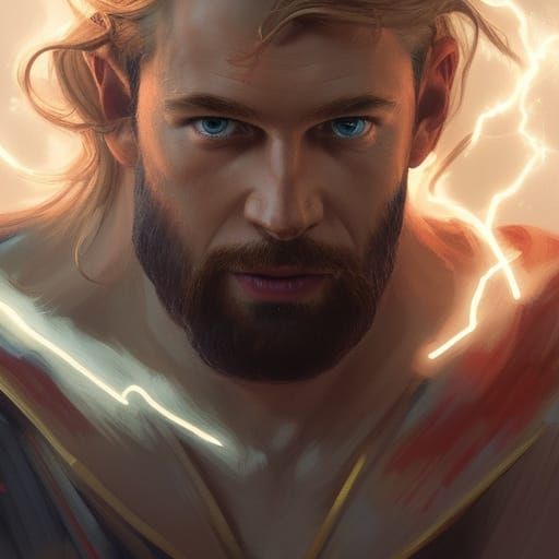 Thor Portrait with Lightning, Hyperdetailed Concept Art