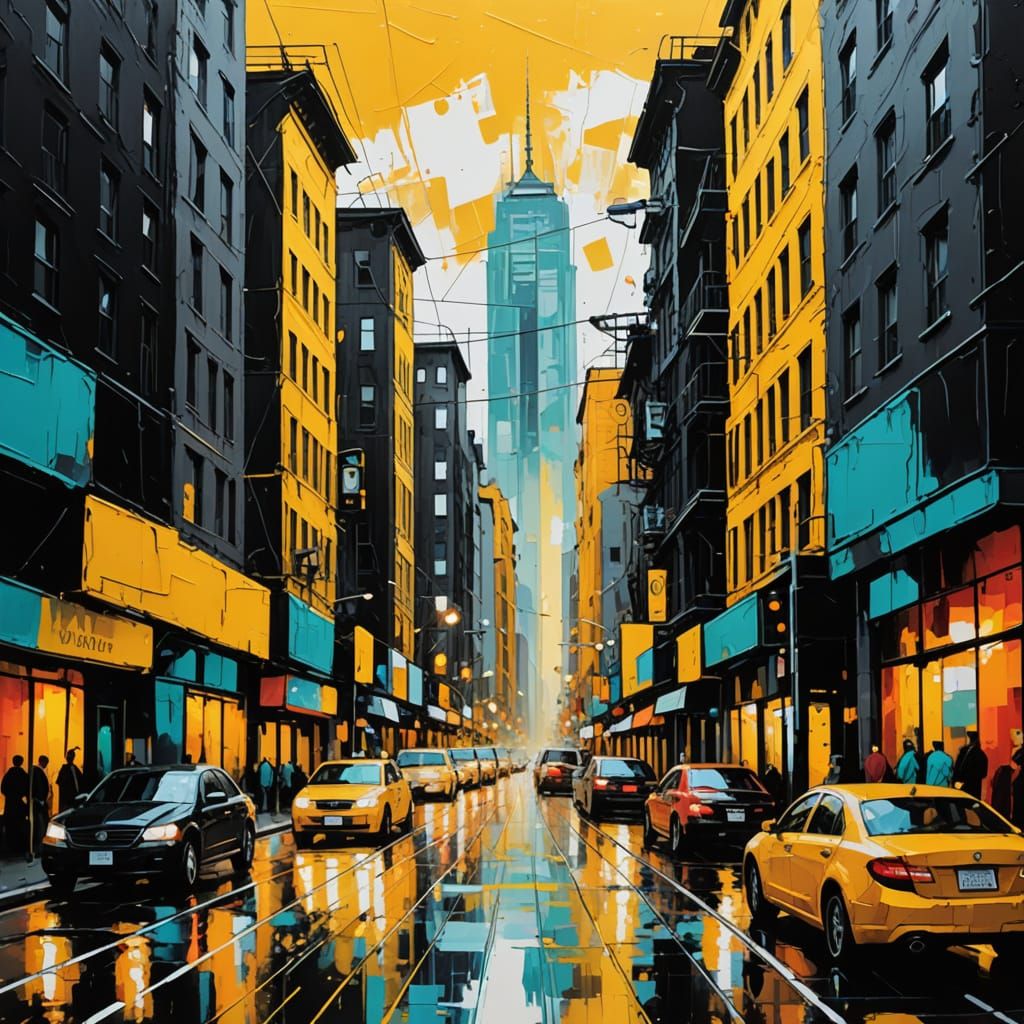 Vibrant Cityscape in Dynamic Brushstrokes