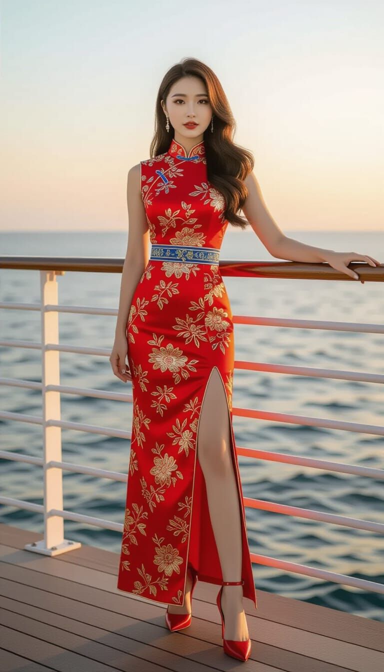 Woman in Red Cheongsam Overlooking Ocean at Sunset