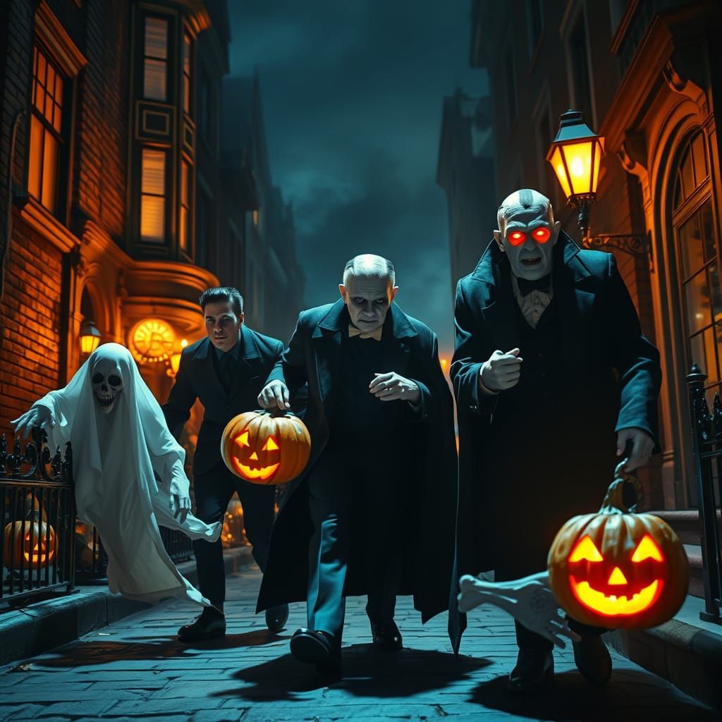 Classic Monsters Trick-or-Treating on Victorian Street