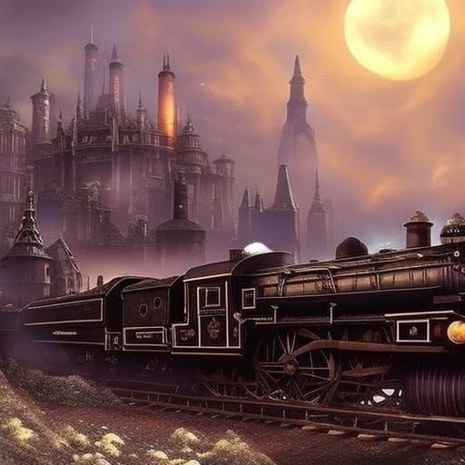 Steampunk Engine to Shining City in Clouds