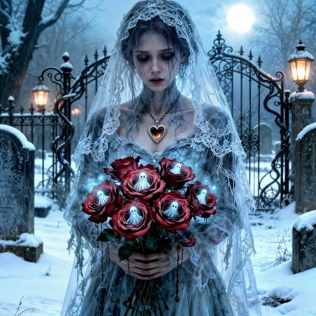Phantom Bride's Bleeding Roses in Snowy Graveyard