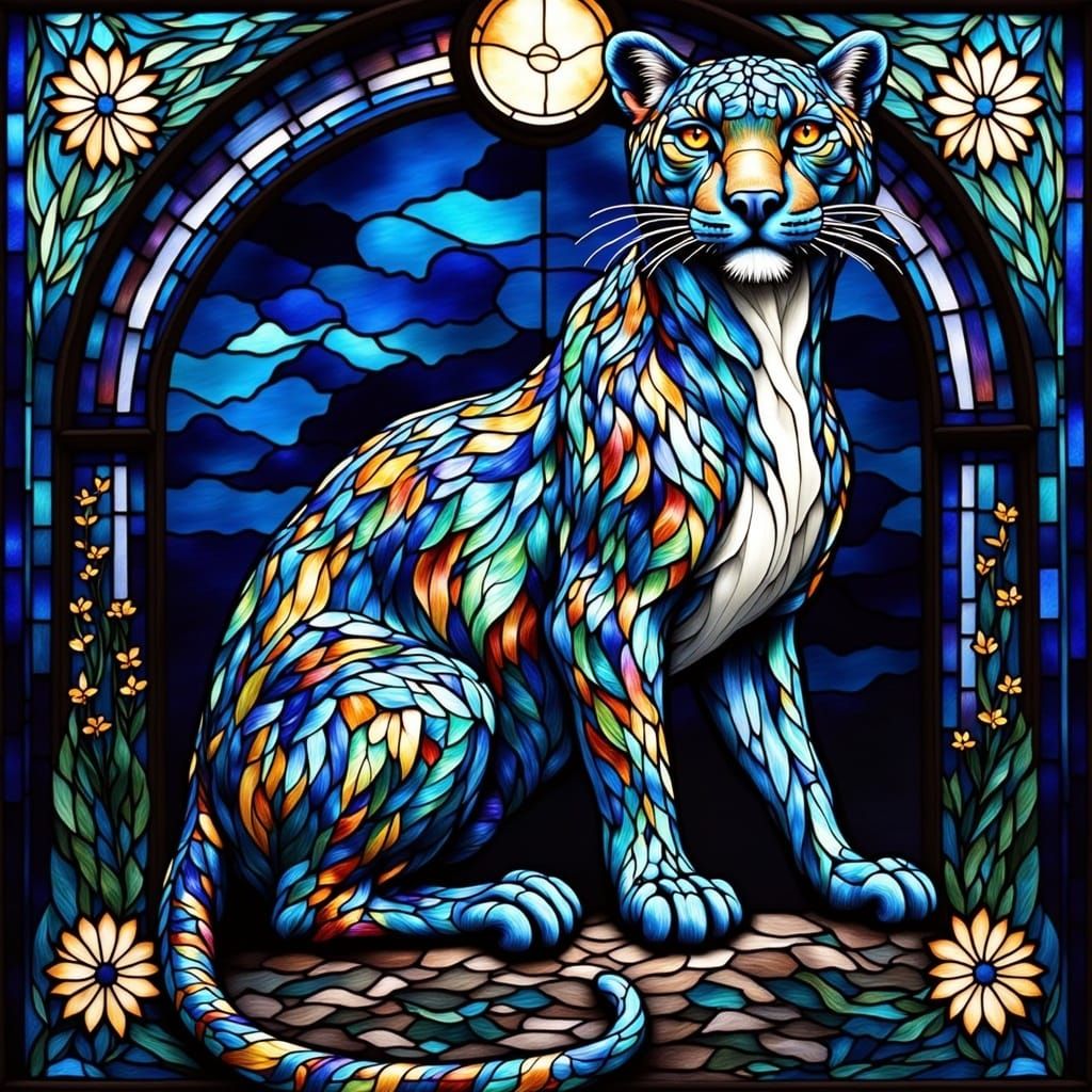 Majestic Panther in Art Nouveau Stained Glass