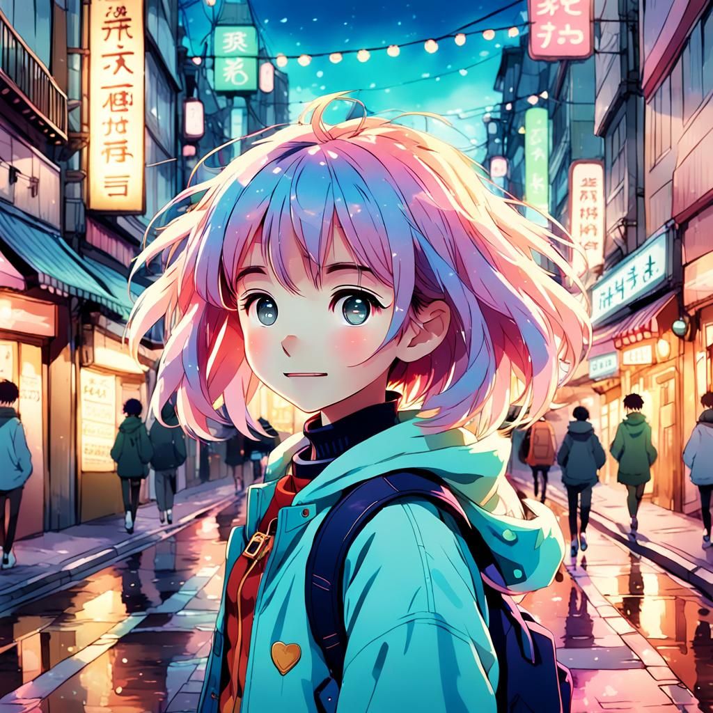 Anime Cutie Having Fun in Vibrant City Street