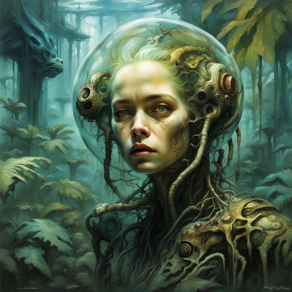 Cyberpunk Alien Creature in Jungle Terrarium