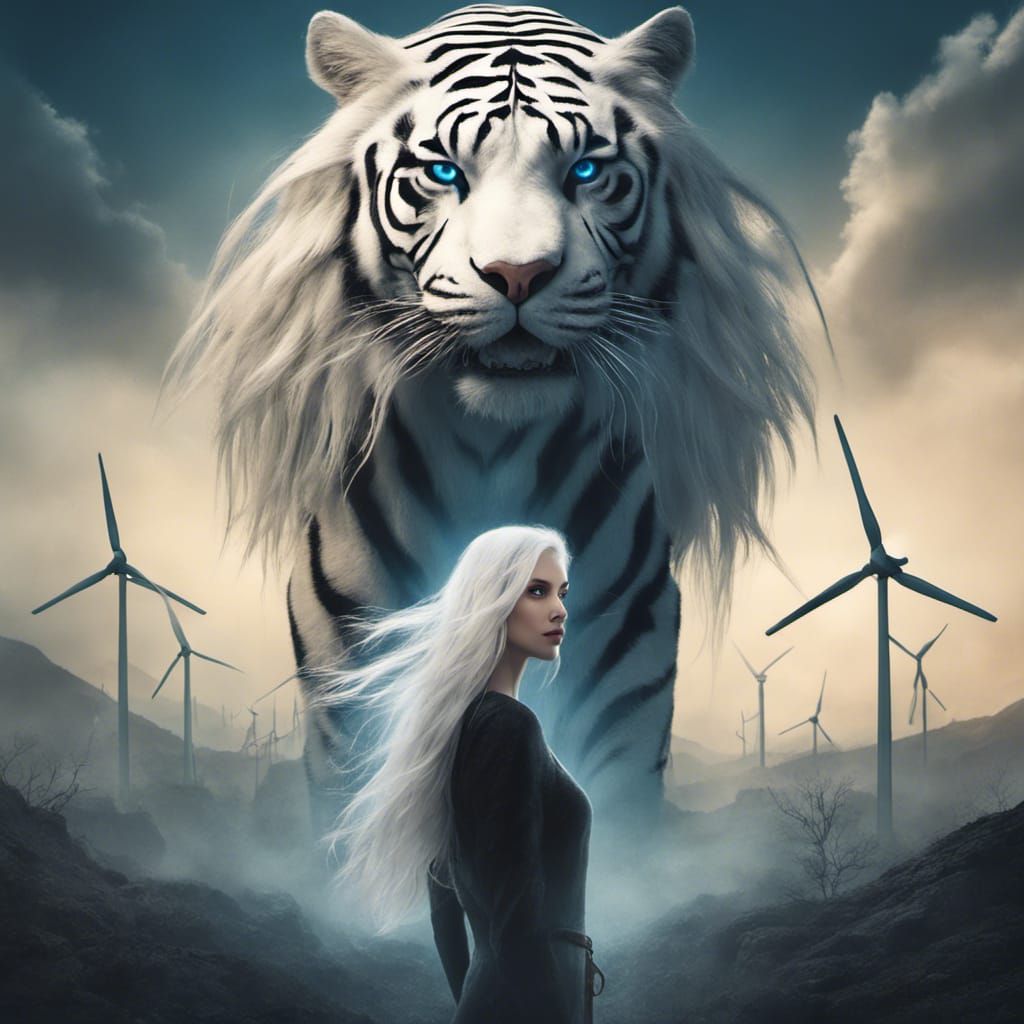 Surreal Windmills, Woman and Tiger: Digital Art