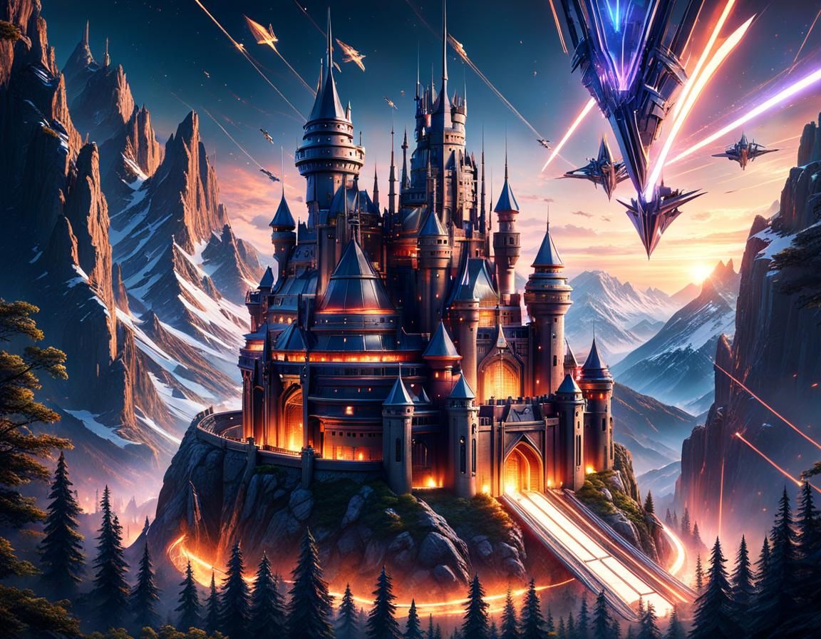 Futuristic Castle Laser Battle at Magic Hour