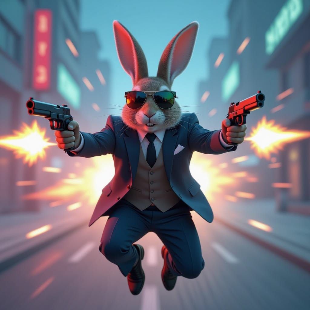 Dynamic Rabbit Gunslinger in Futuristic Style