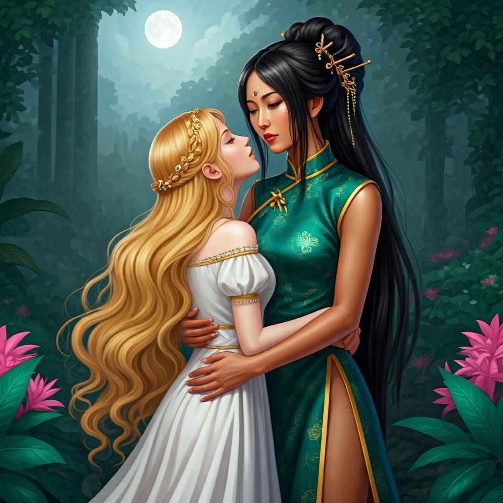 Asian Warrior Queen Embracing Blonde Maiden in Moonlit Garde...